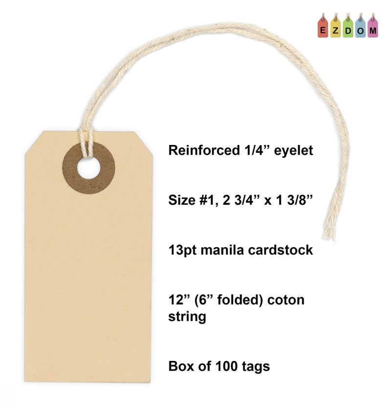 EZDOM 100 Small Manila Paper Tags with String - #1  2 3/4  x 1 3/8  - Hang Shipping Labels with String Attached and Reinforced Hole  Pre-Strung Tags - Image 2